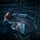Dead by Daylight survivor surrounded by plants opens up a wooden chest on a dark night.
